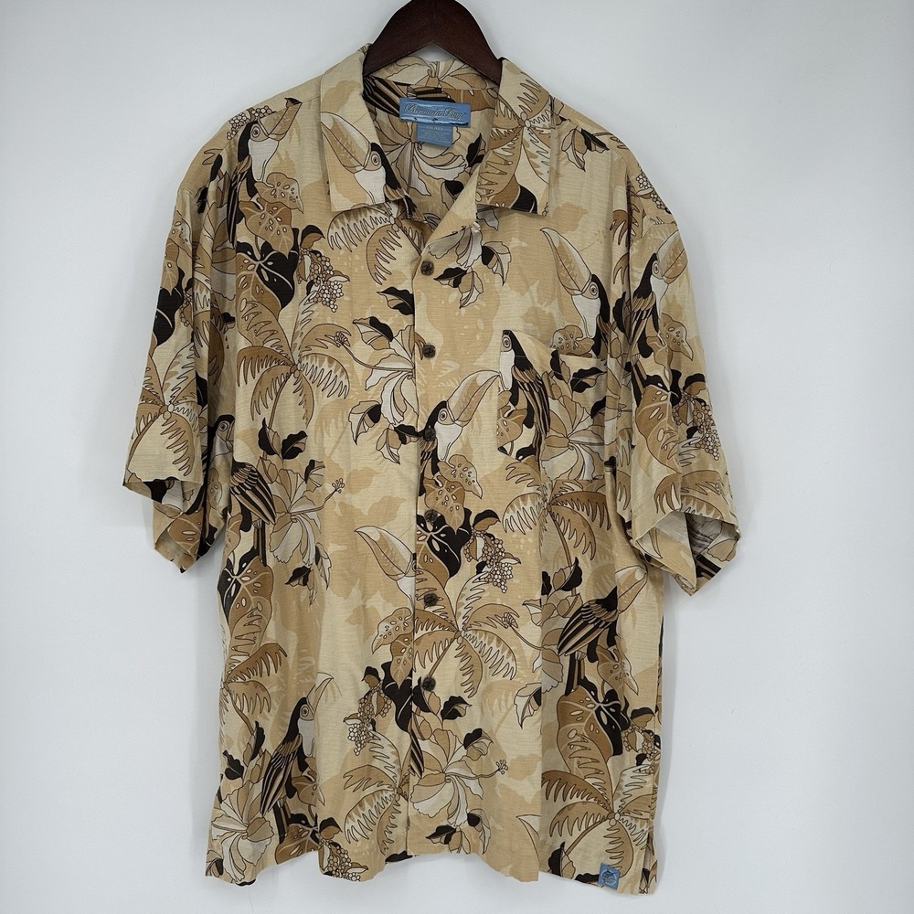 Bermuda Bay 100% Silk palm trees Toucan Print Hawaiian Shirt 2XL Tropical Beach